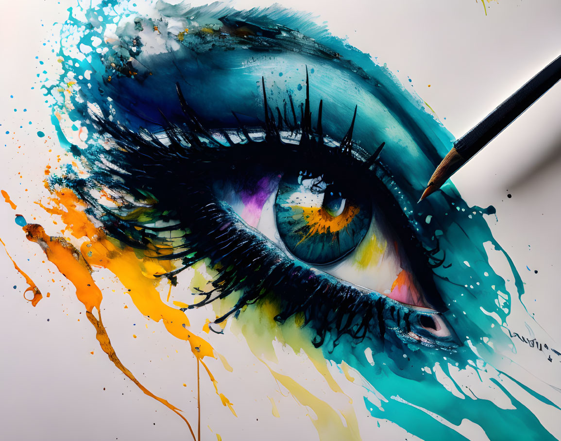 Vibrant watercolor eye art with pencil detailing