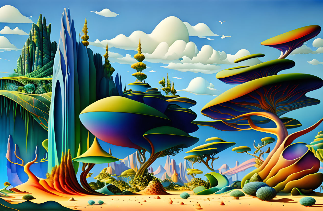 Surreal landscape with mushroom structures and floating islands