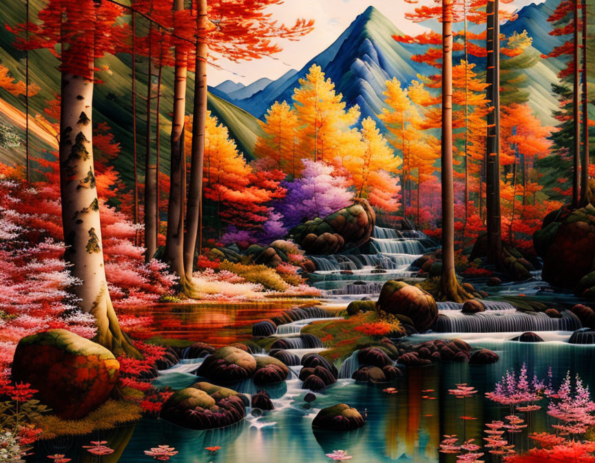 Colorful autumn forest with stream and waterfalls in mountainous setting