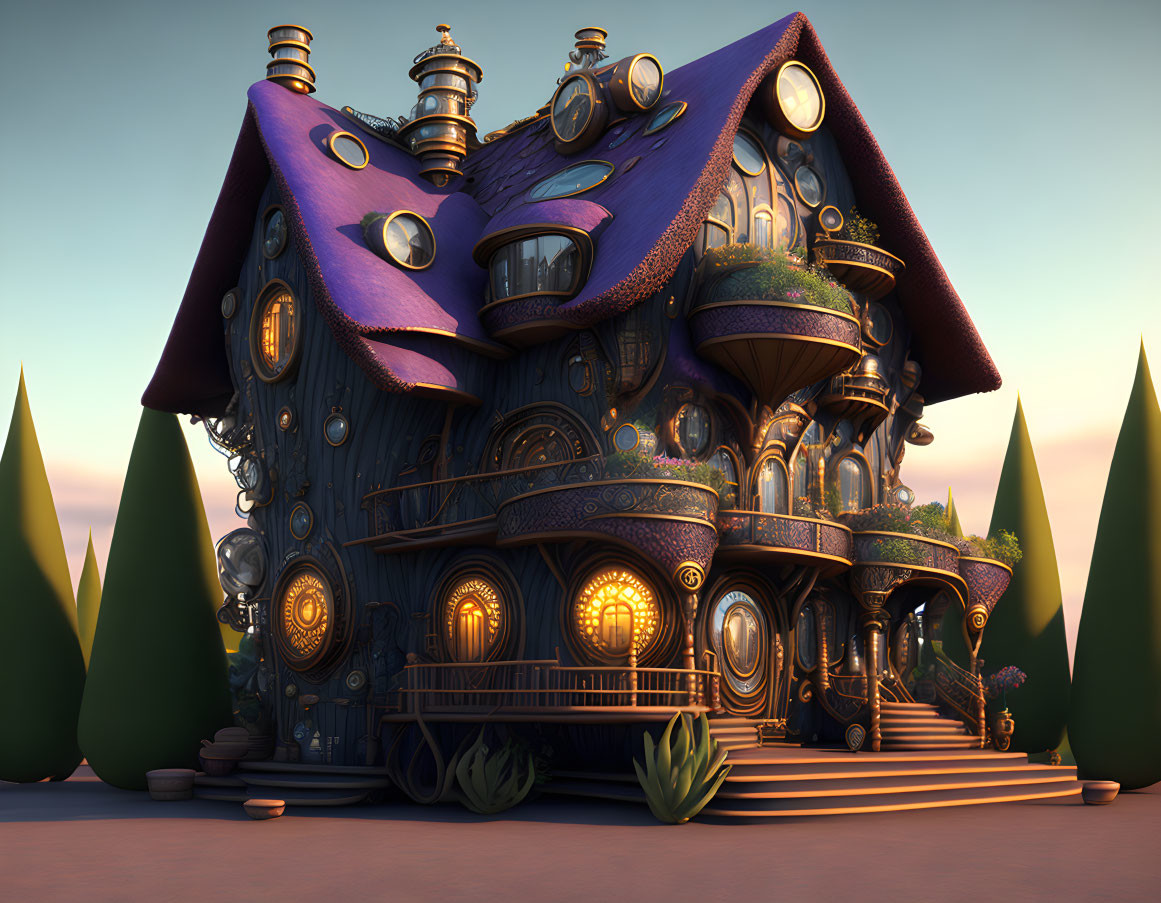 Whimsical multi-story fantasy house with round doors and windows in purple and gold color scheme