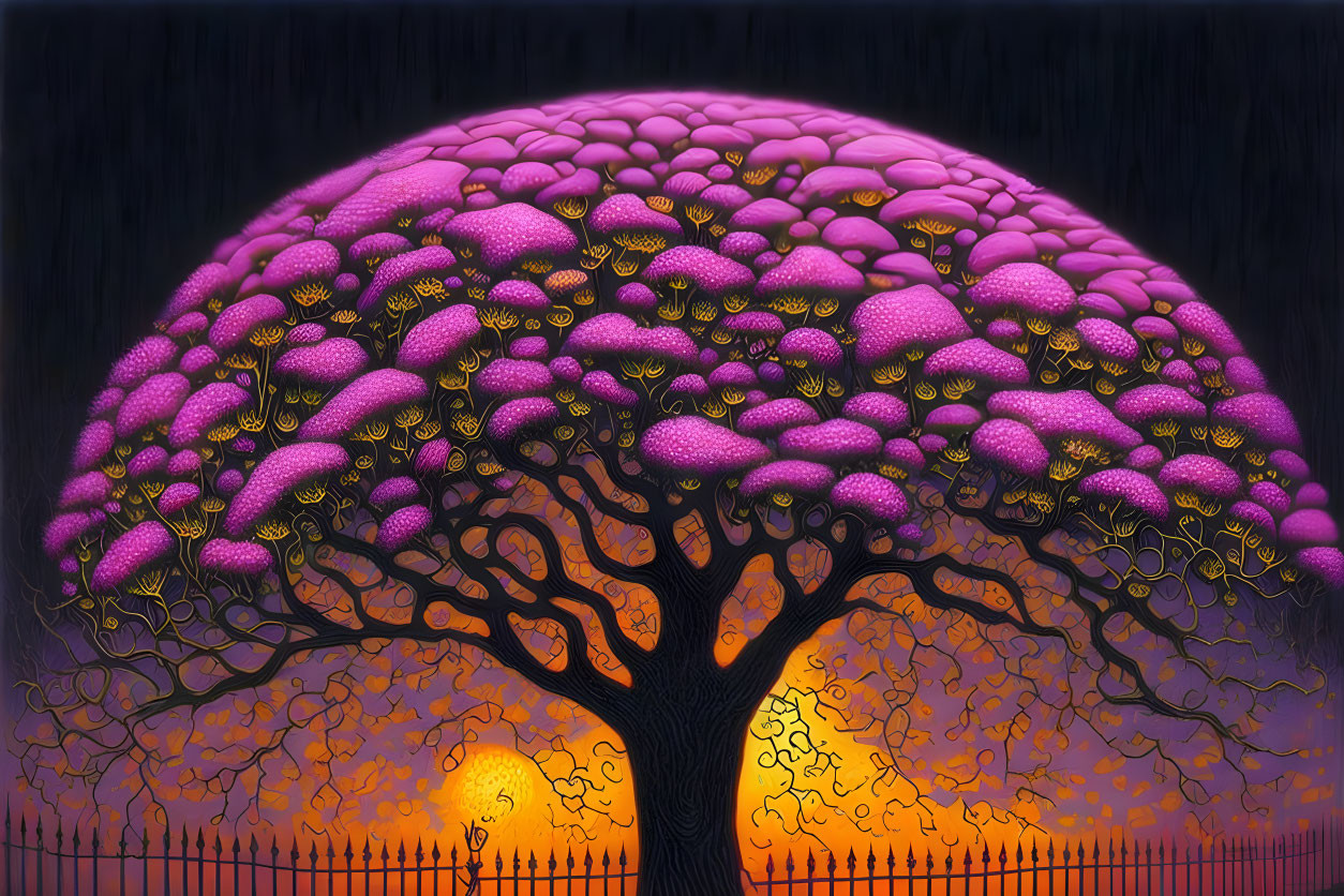 Vibrant tree with purple foliage under starry sky on orange background