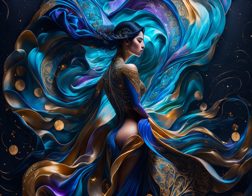 Multicolored hair woman in gold gown blends with cosmic background