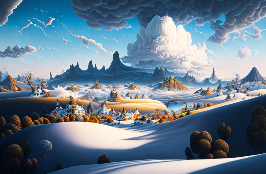 Surreal snow-covered hills, autumnal trees, mountains under dramatic sky