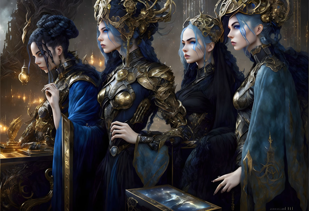 Four ornately dressed characters in blue and gold armor with elaborate hairstyles in a candlelit room.