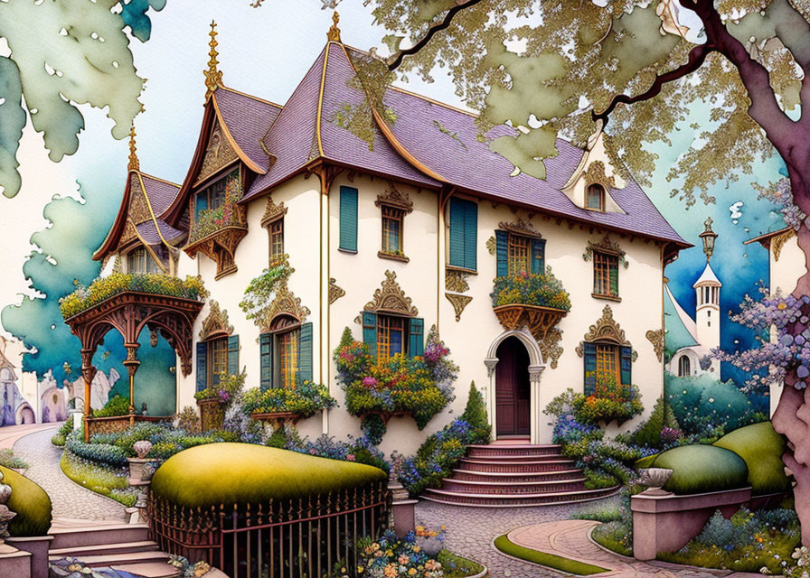 Colorful Fairytale House with Ornate Balconies in Lush Gardens