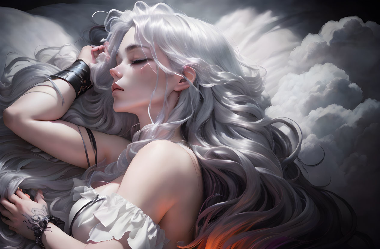 Illustration: Woman with Silver Hair Resting in Clouds