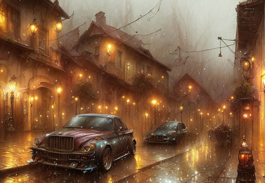 Illustration of Rainy Cobblestone Street with Classic Cars