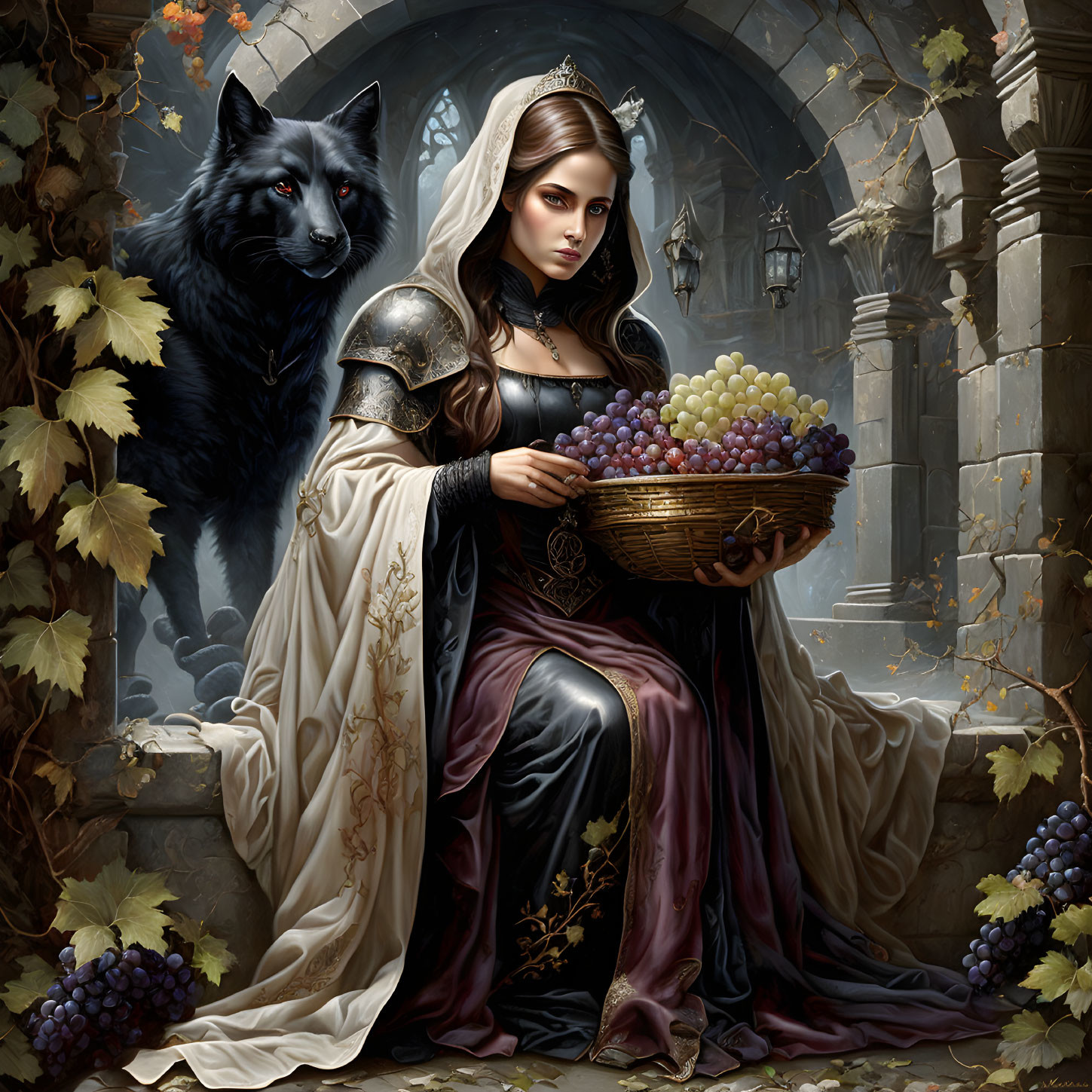 Medieval woman with grapes and black wolf in gothic setting