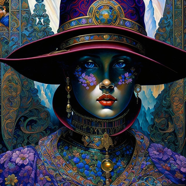 Colorful artwork of woman in wide-brimmed hat with intricate patterns