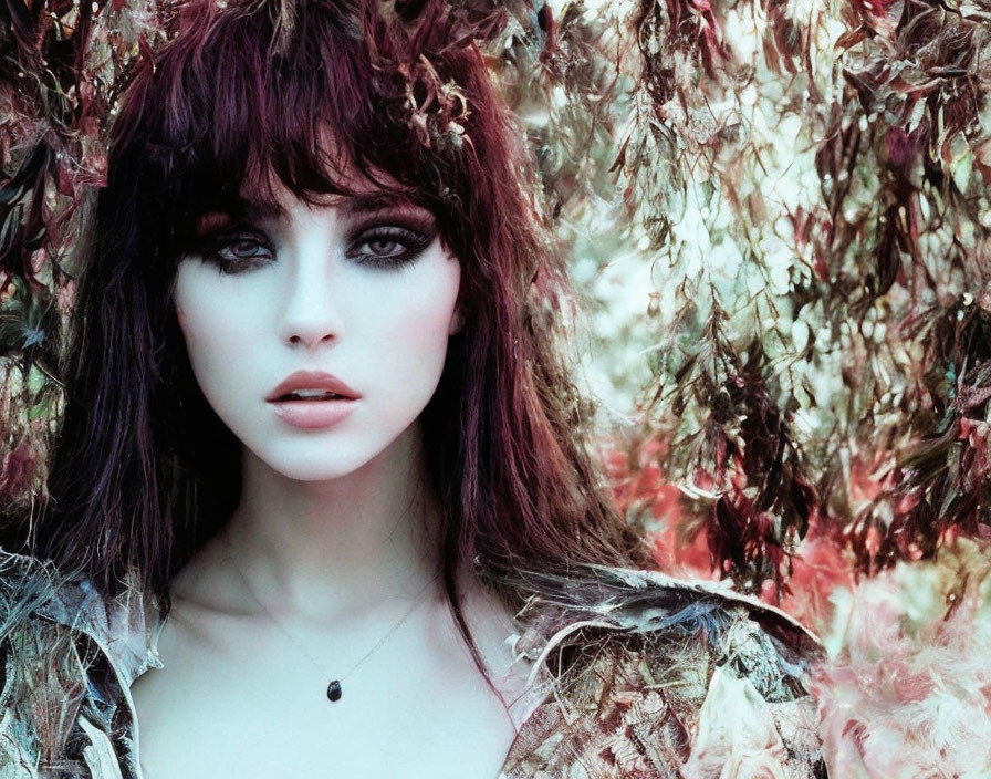 Dark-haired woman with striking makeup in surreal foliage setting