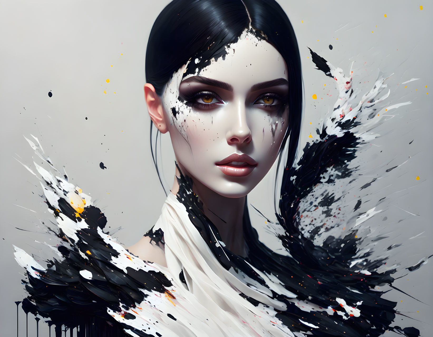 Abstract digital artwork of woman with dark hair and striking makeup