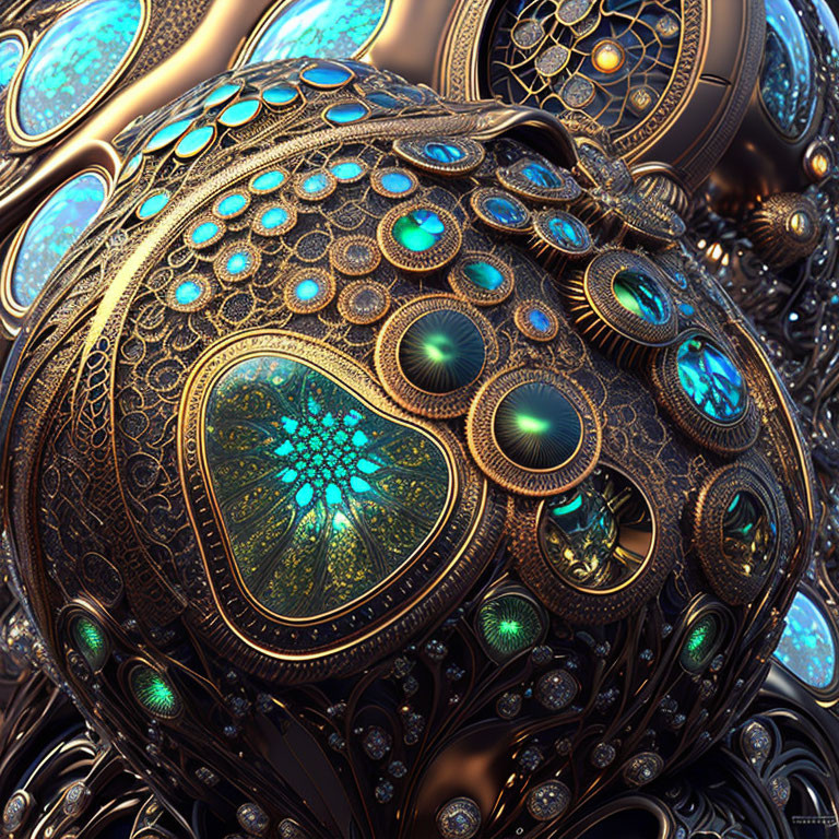 Golden spherical fractal art with green and blue gem-like elements on textured background