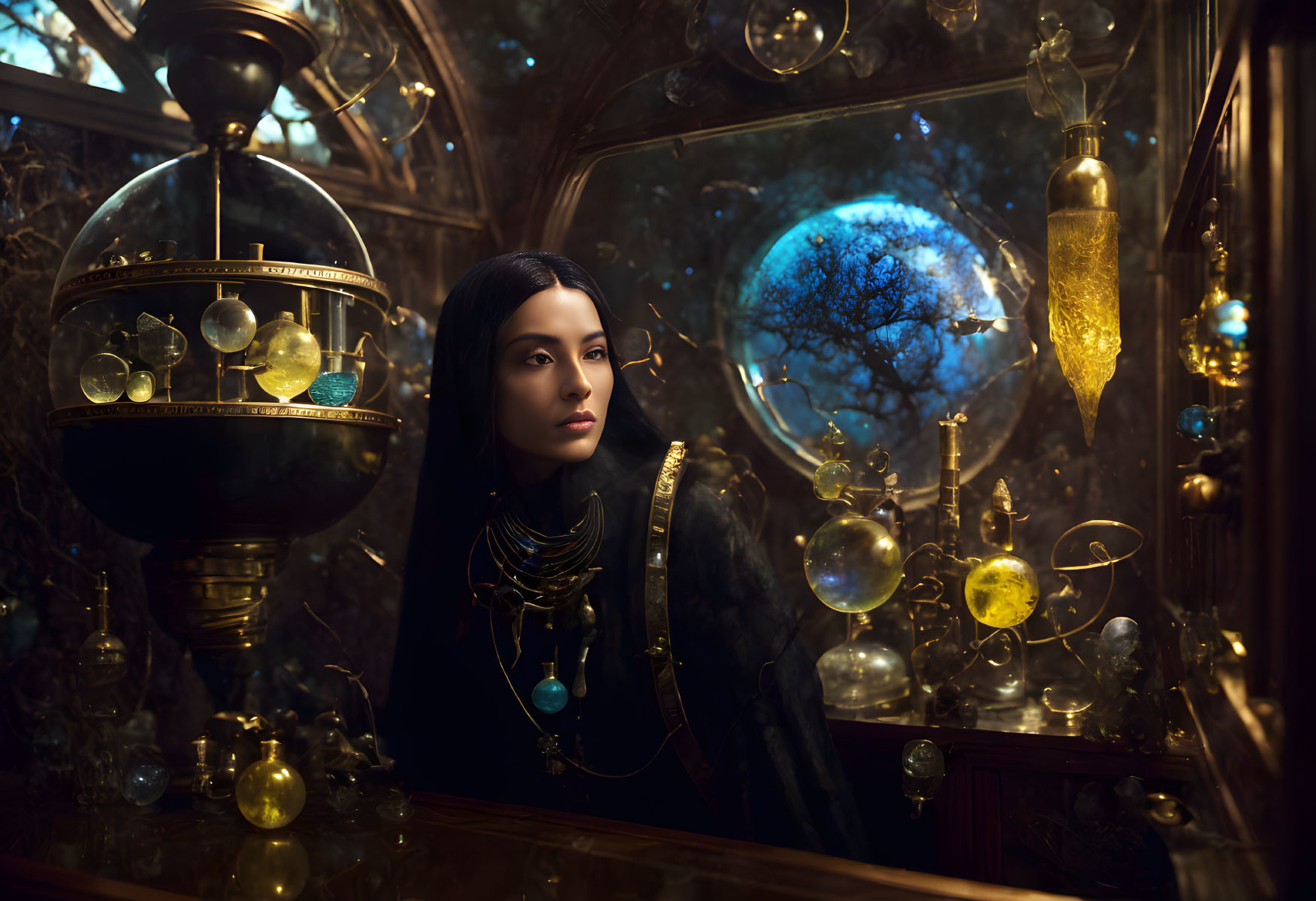 Pensive woman in mystical room with celestial orbs and golden embellishments