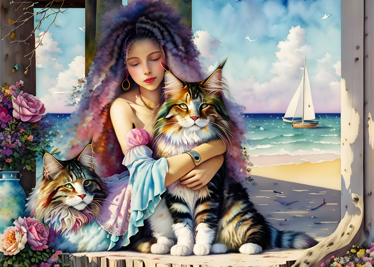 Digital artwork: Woman hugging whimsical cats on beach with sailboat and flowers