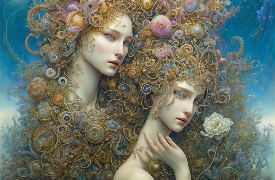 Ethereal beings with golden hair in dreamy blue backdrop