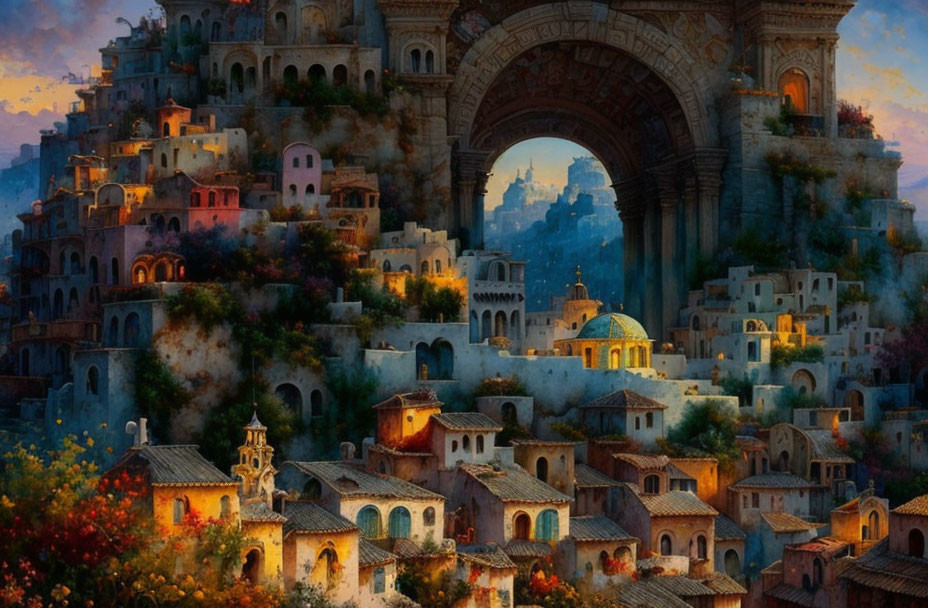 Fantasy cityscape with stone buildings, arches, domes, and lush greenery at dusk