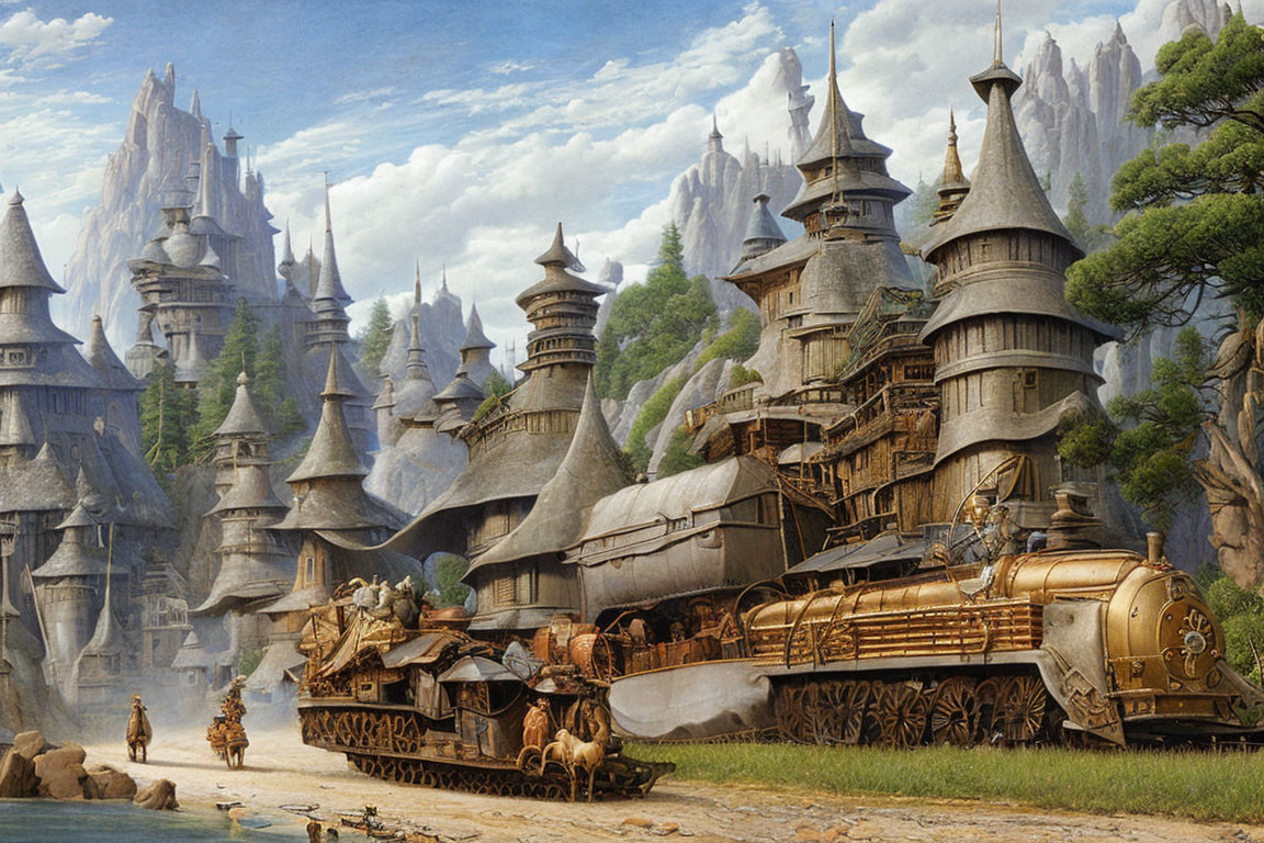 Steampunk scene: castle, steam train, people walking on dirt road