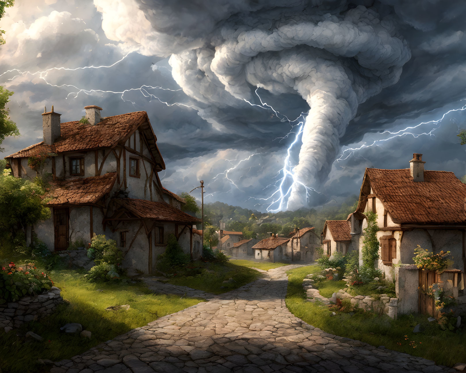 landscape lightning storm over peaceful village