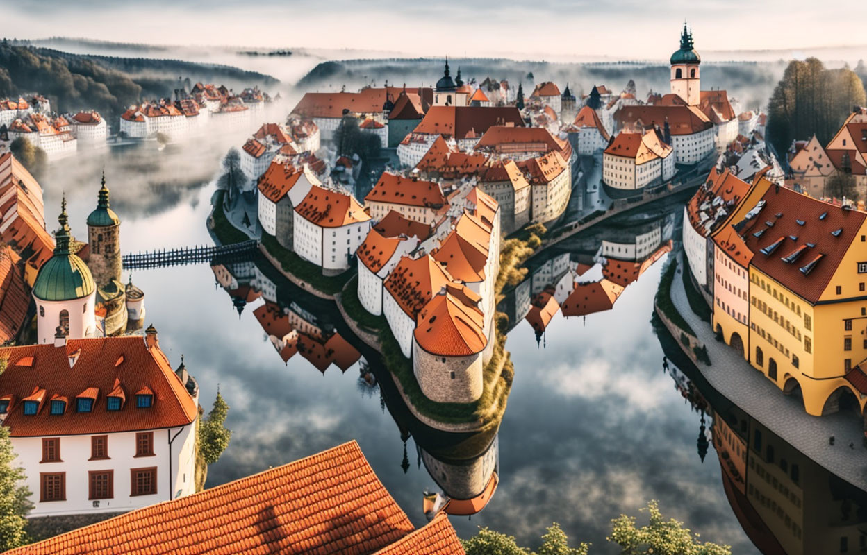 Historic European town with orange roofs on river banks in morning mist