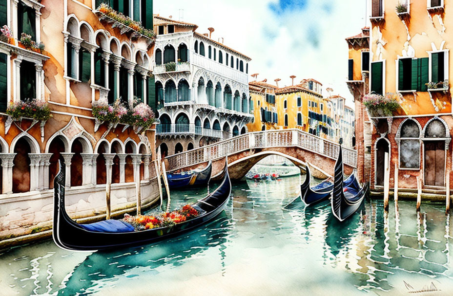 Colorful watercolor painting of Venetian canal with gondolas and ornate bridge