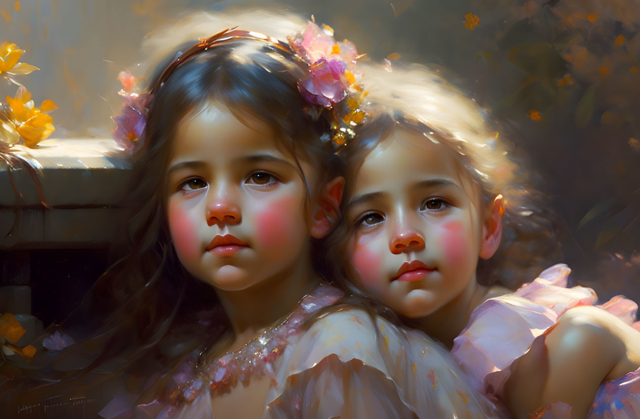 Young girls in floral headbands with rosy cheeks in impressionistic style