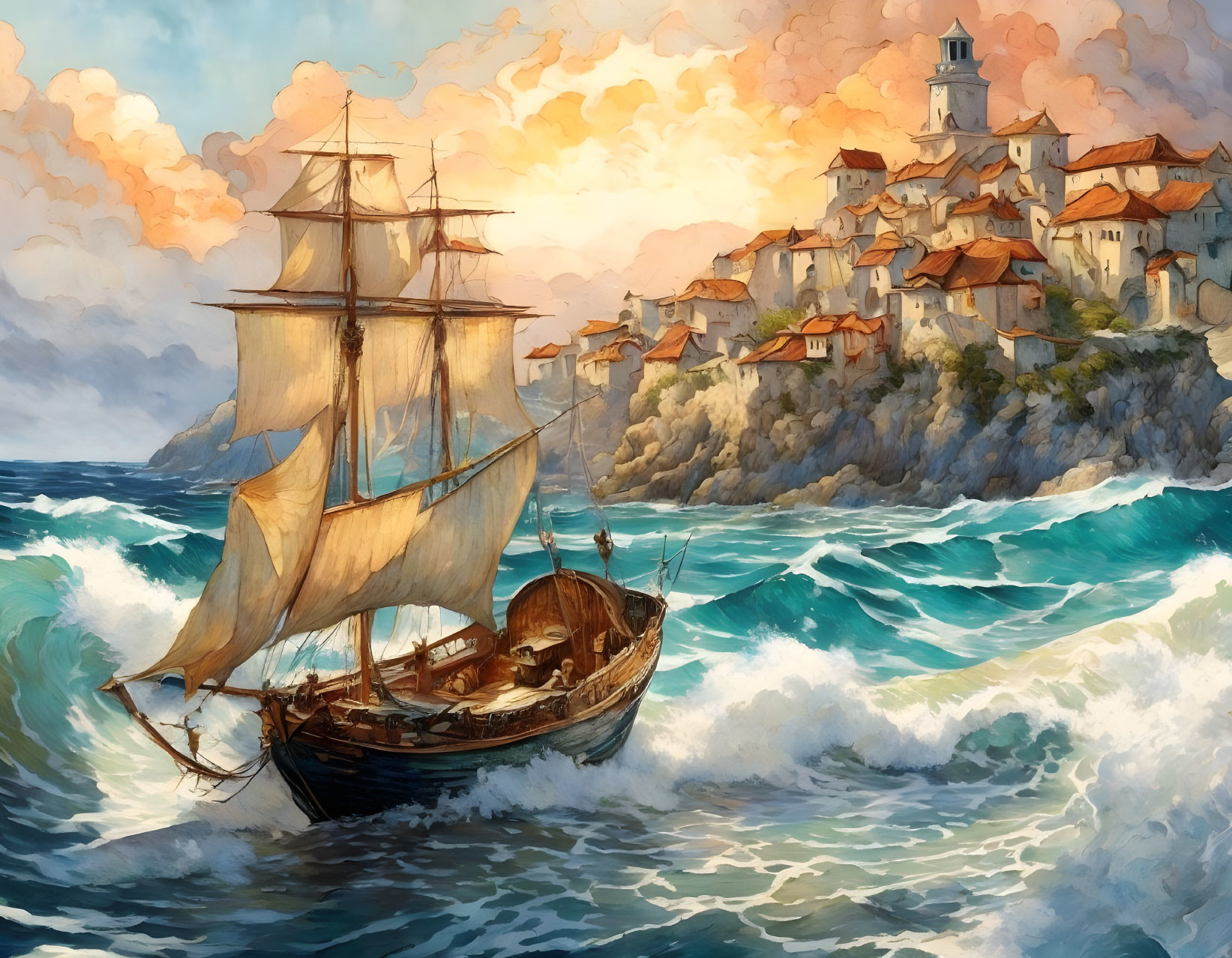 Tall ship sailing turbulent waves near coastal village with terracotta rooftops under orange sky