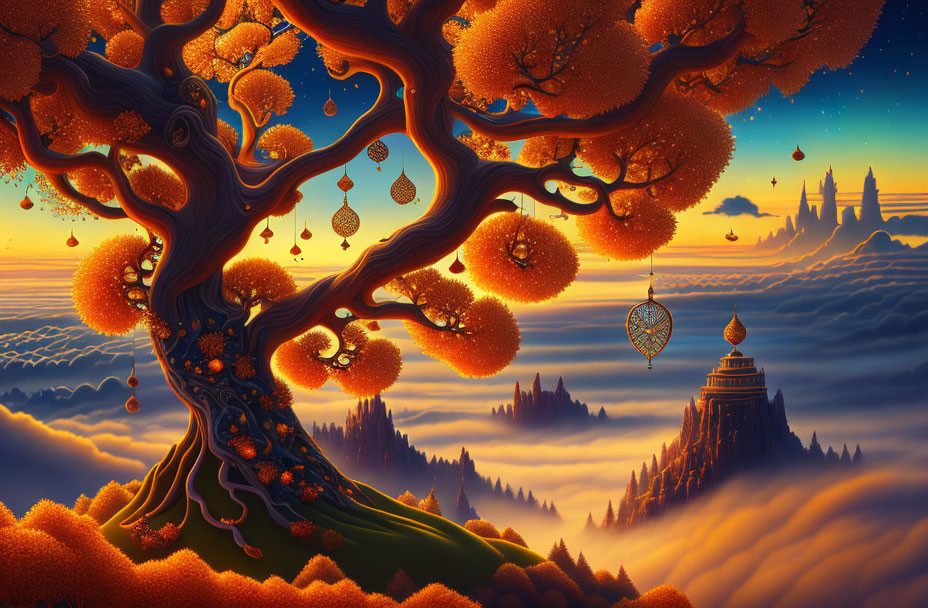 Fantastical tree with golden autumn leaves and dreamcatcher in misty landscape