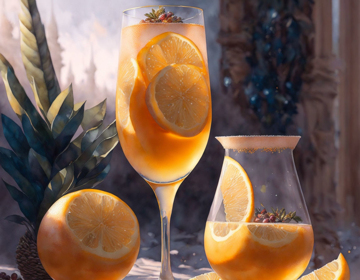 Two glasses of orange beverage with citrus slices, oranges, and tropical leaves in serene setting