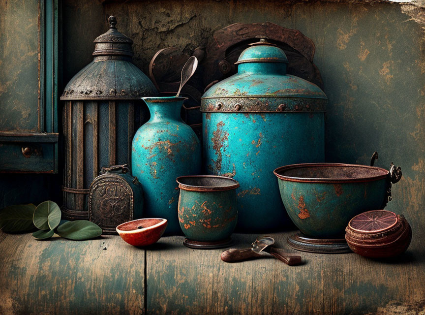 Rustic blue vintage kitchenware on wooden surface with dark wall