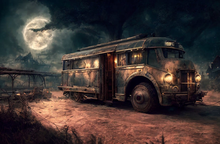 Dilapidated bus in eerie moonlit setting