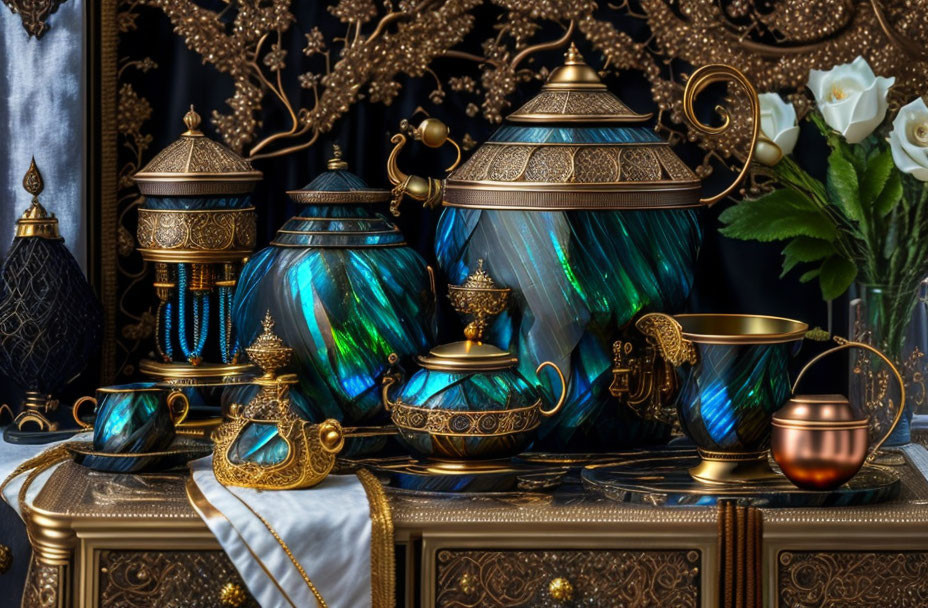 Ornate Teal and Gold Tea Set with Matching Decor Items on Elegant Dark Background