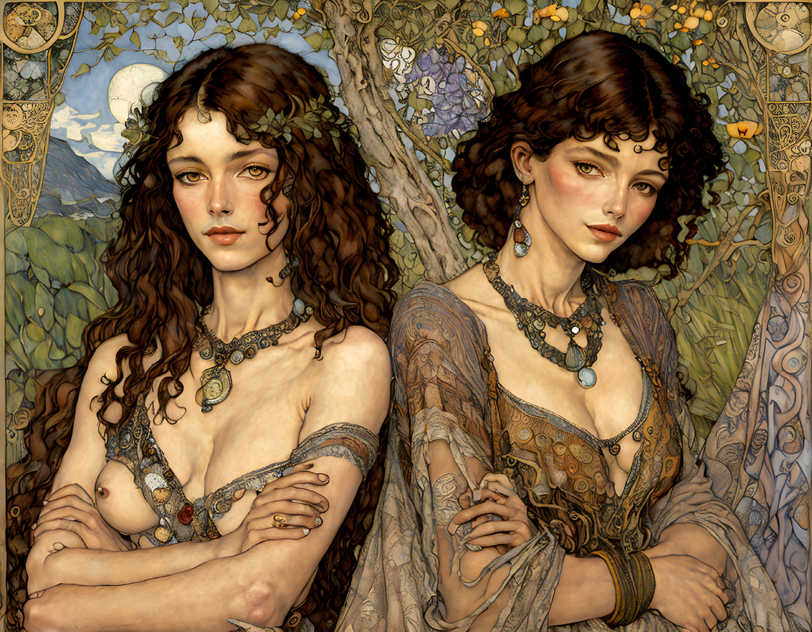 Ethereal women with flowing hair and intricate jewelry amid floral and moon motifs