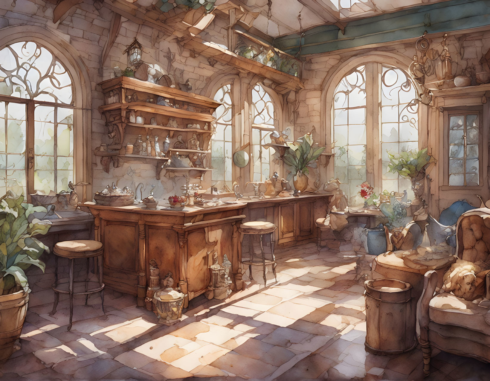 Vintage sunlit kitchen with wooden furniture, plants, pottery, and arched windows.