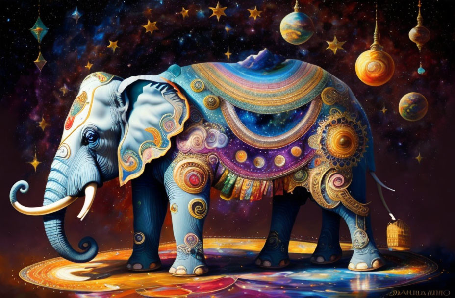 Colorful Elephant Artwork with Cosmic Patterns on Starry Background