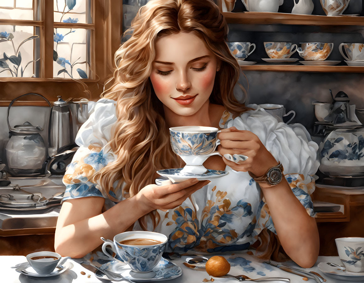 Curly-haired woman in floral dress drinking tea with vintage teaware