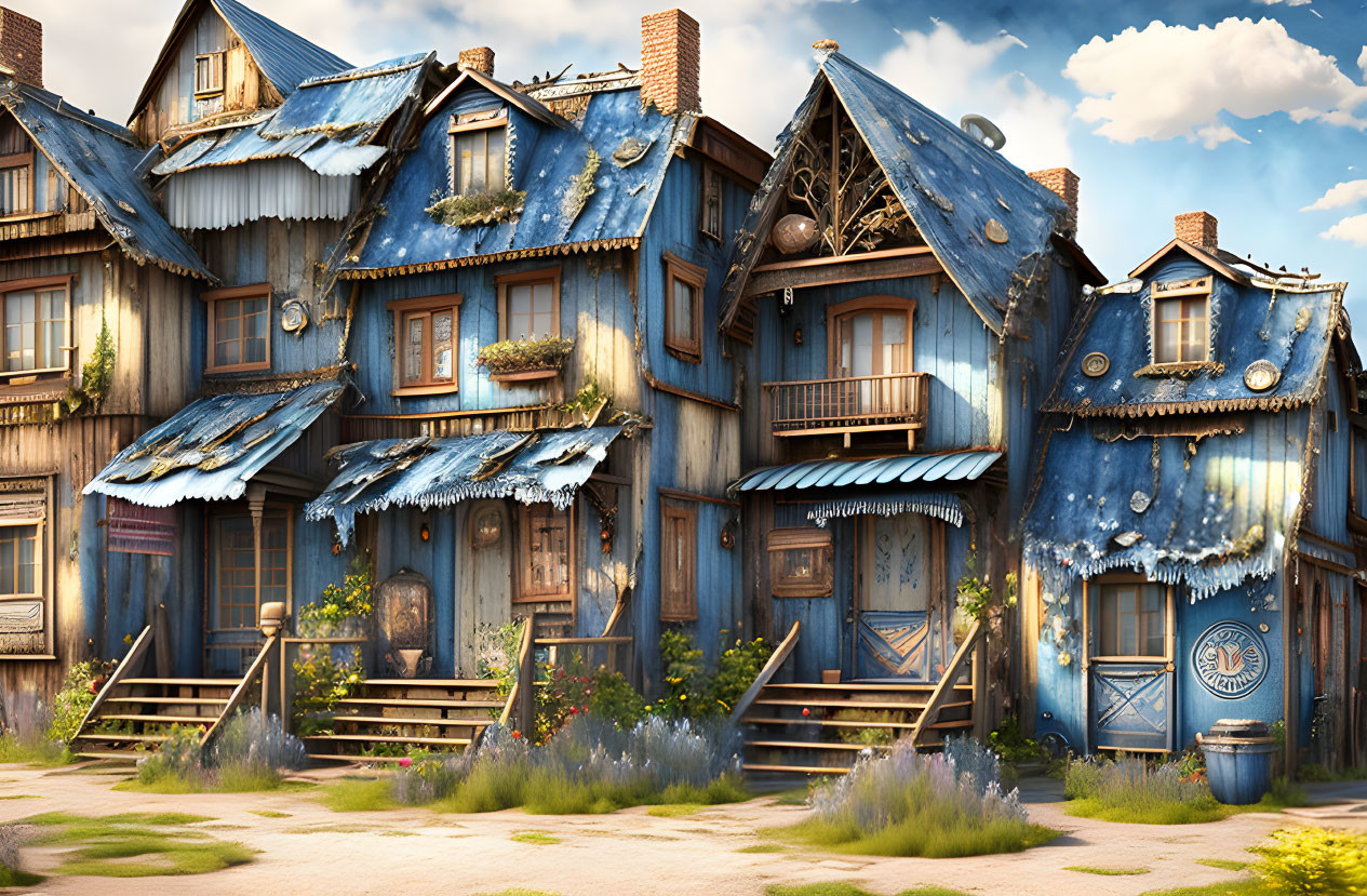 Weathered two-story wooden building with blue shutters and plants under sunny sky