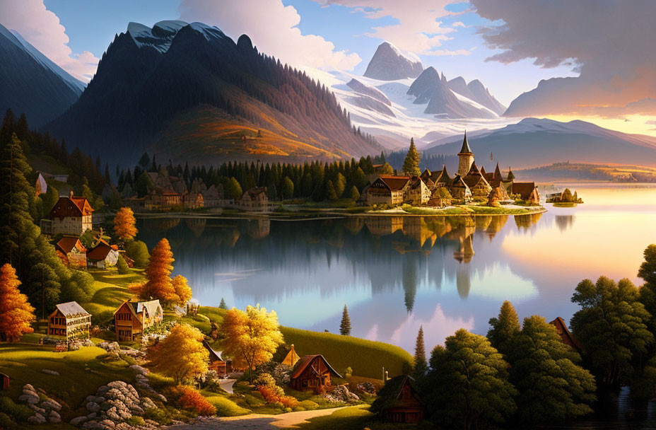 Tranquil autumn landscape with lake, village, castle, and mountains