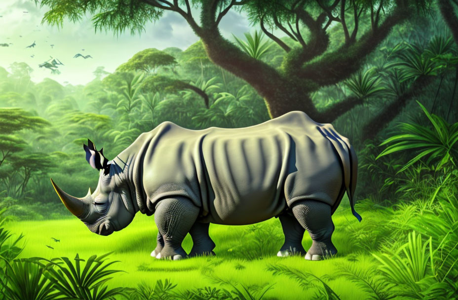 Prominent rhinoceros in lush green jungle with birds under hazy sky