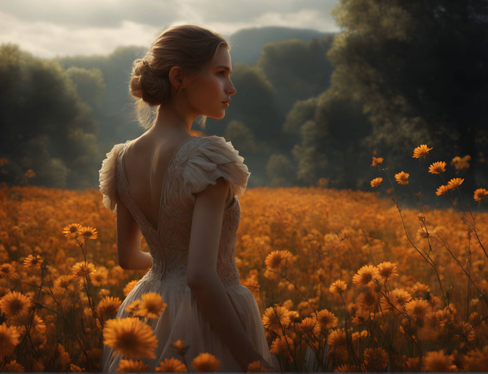 Woman in white dress in golden flower field under warm sunlight