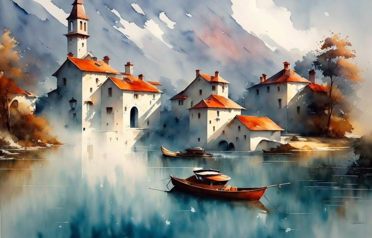 Scenic lakeside village: white buildings, tower, boat, cloudy sky