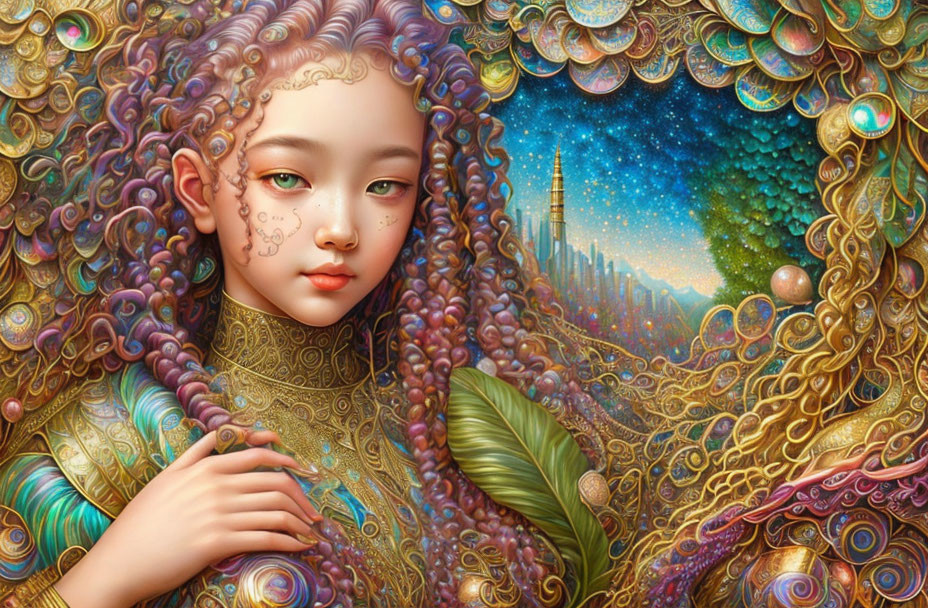 Intricate golden attire and cosmic elements in fantastical portrait