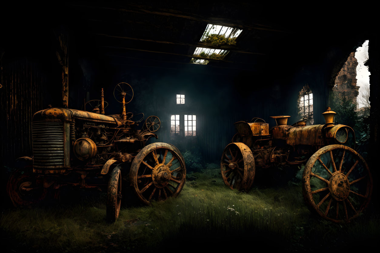 Abandoned vintage tractors in dimly lit overgrown barn