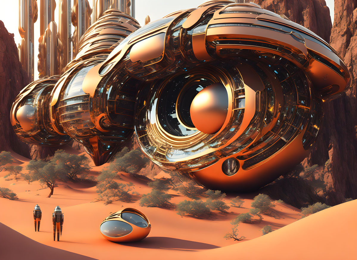 Shiny futuristic structures with looping rings in desert landscape