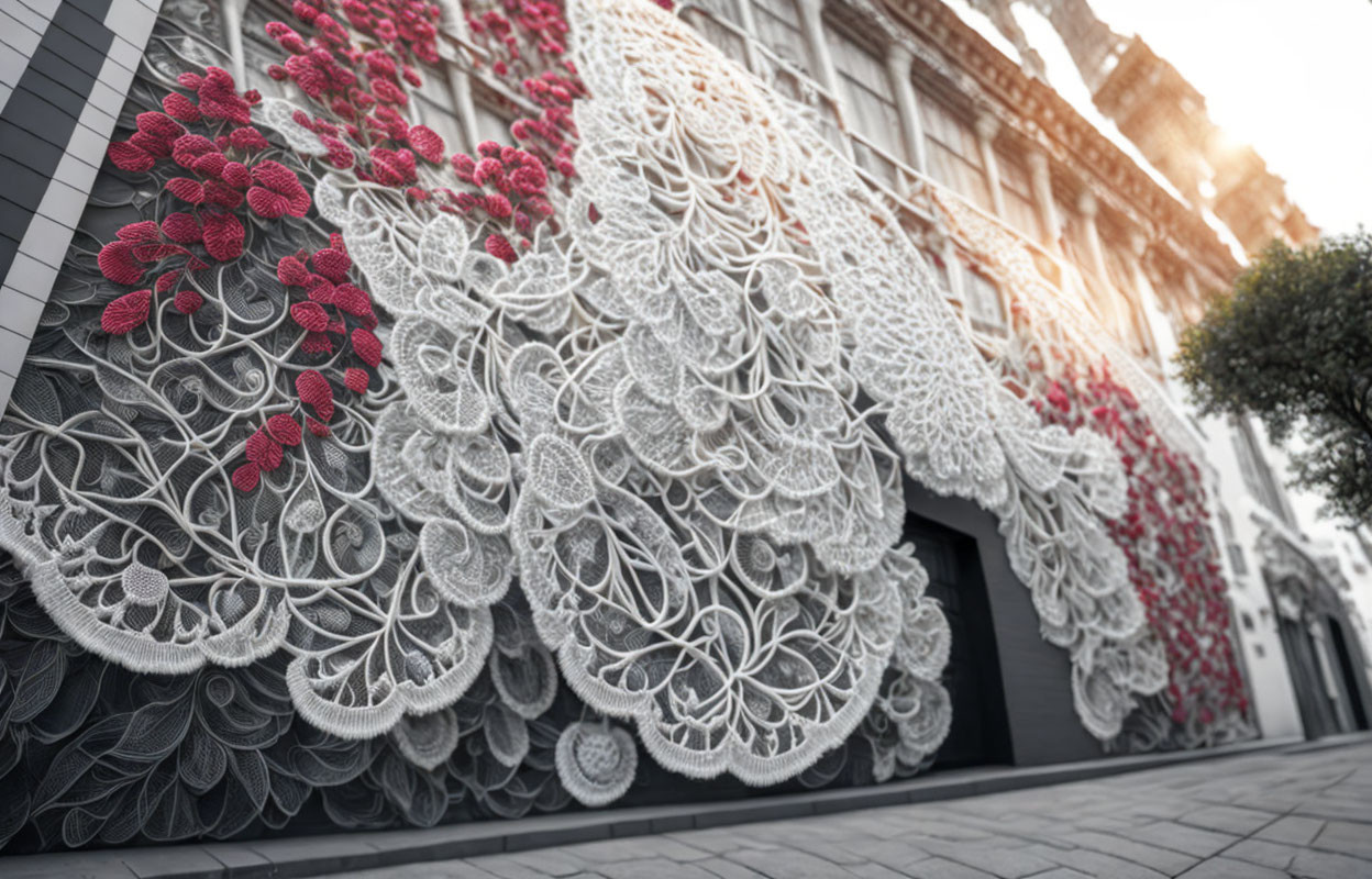 Building facade with large grayscale floral mural and vibrant red flowers for artistic contrast