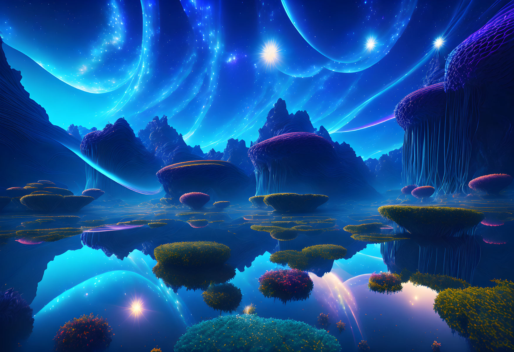 Fantastical landscape with luminous plants and vibrant sky