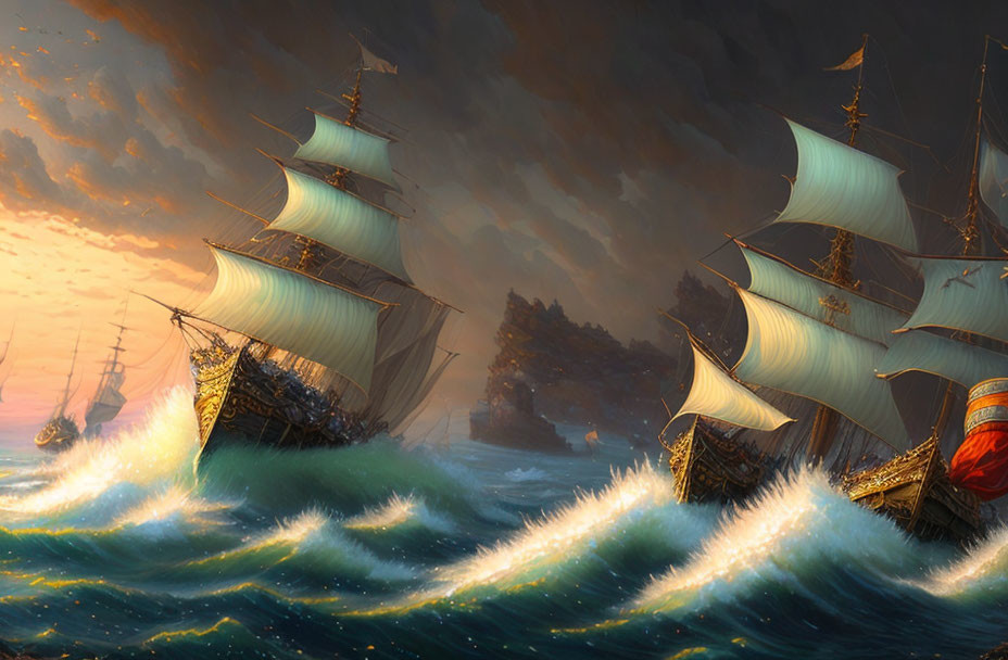 Sailing ships with billowing sails on turbulent seas under dramatic sunset sky