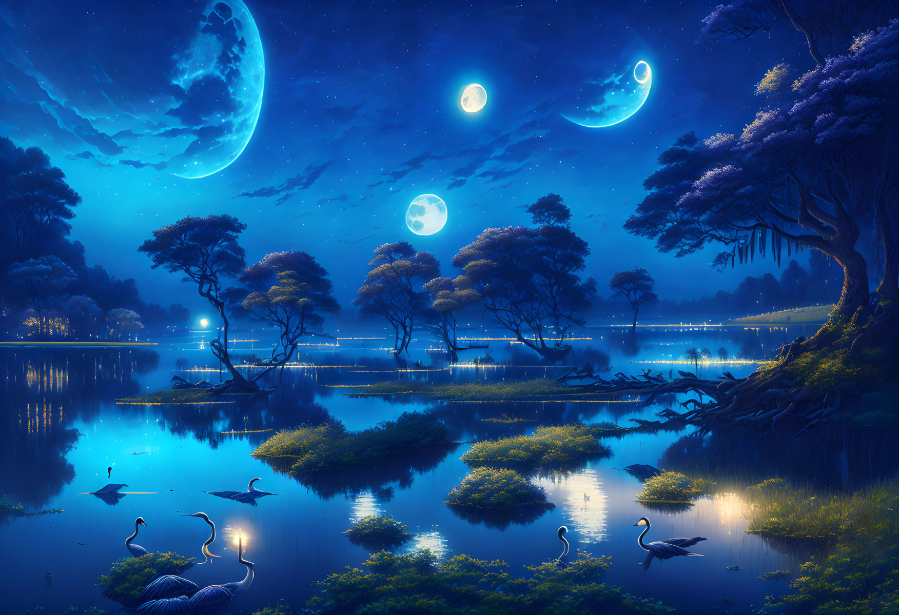 Multiple moons in serene blue nightscape with water, trees, and wildlife