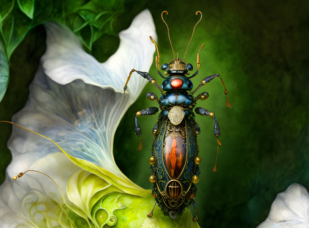 Ornately Decorated Beetle on Vibrant Green Background