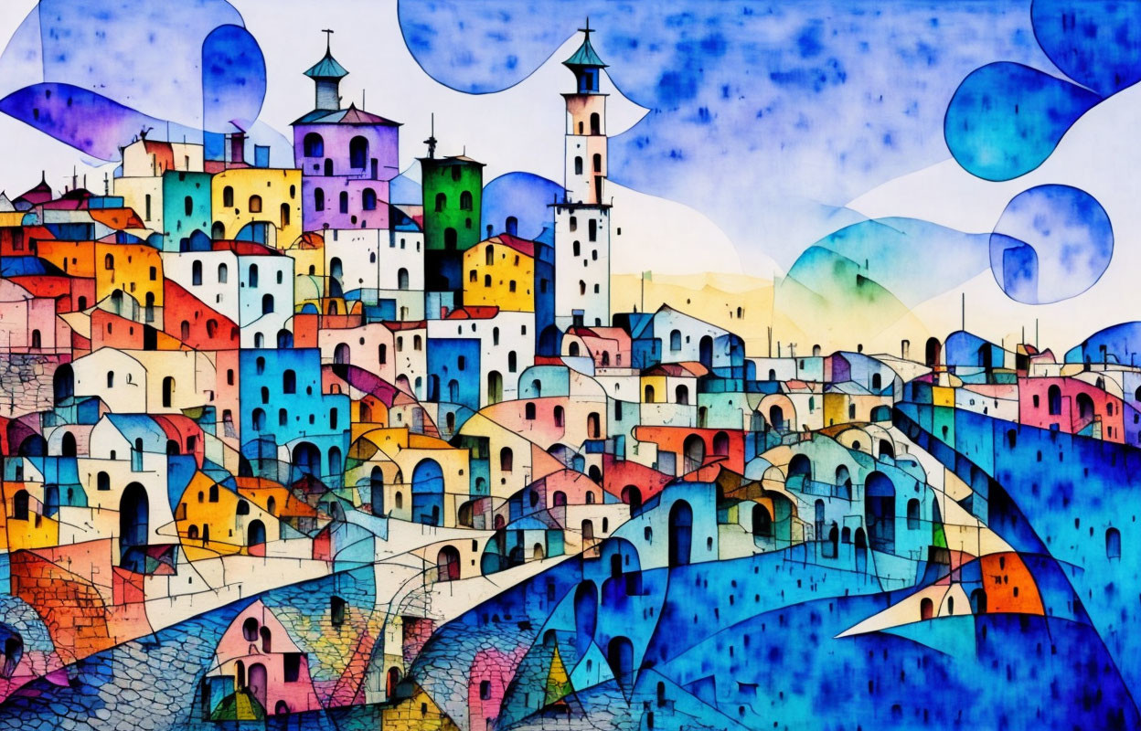 Abstract painting: Whimsical town with vibrant buildings and shapes