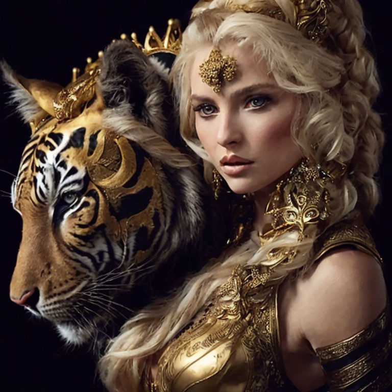 Woman with Gold Accessories Poses Closely with Tiger in Matching Gold Paint